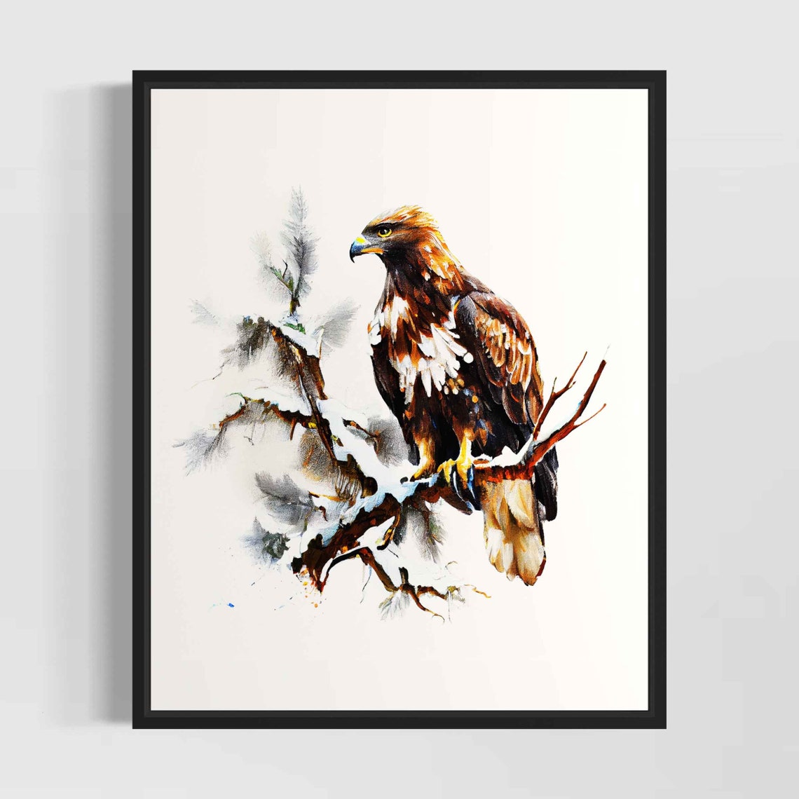 Bald Eagle Perched on Snowy Pine Branch Winter Watercolor Poster