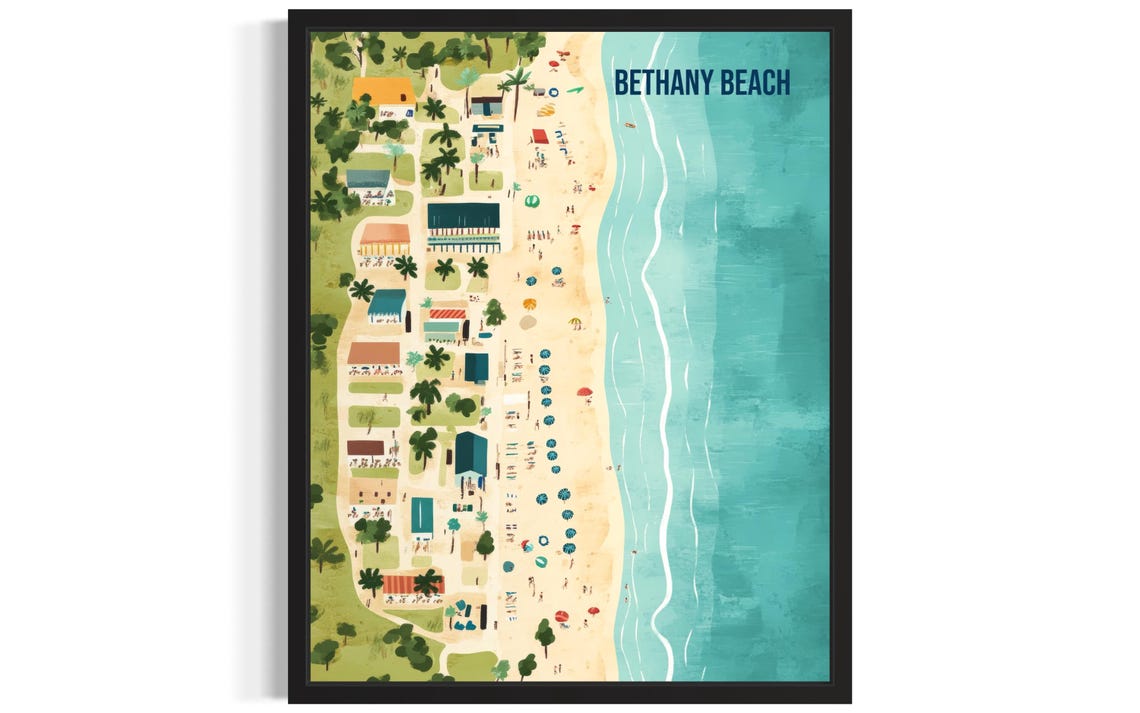 Bethany Beach Boardwalk Town Aerial Ocean View Retro Travel Poster