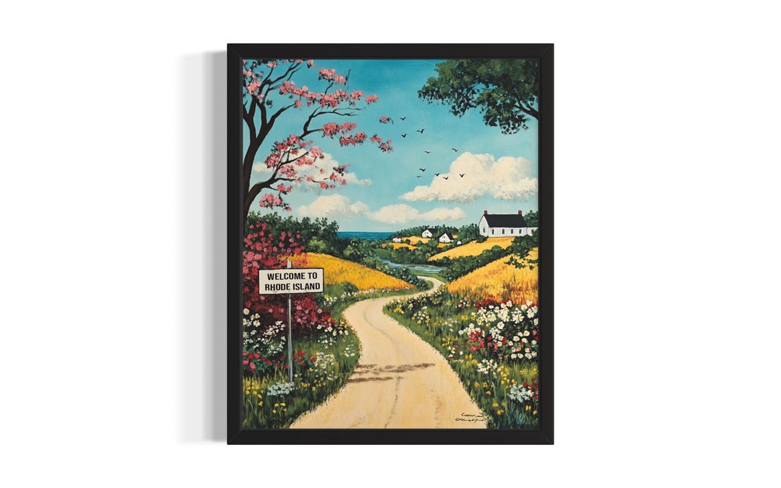 Welcome To Rhode Island Flowering Country Road Folk Art Style Poster