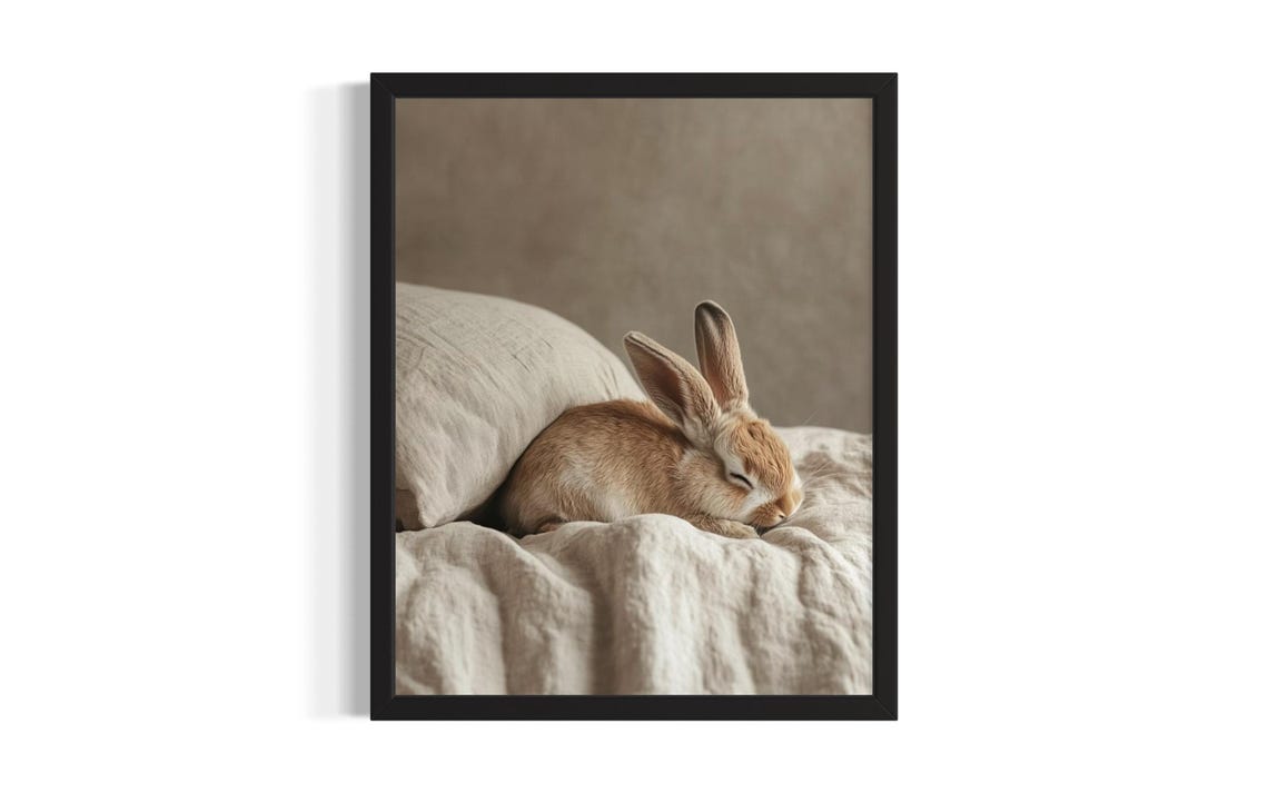 Sleeping Brown Bunny on Linen Bedding Peaceful Art Vintage Poster