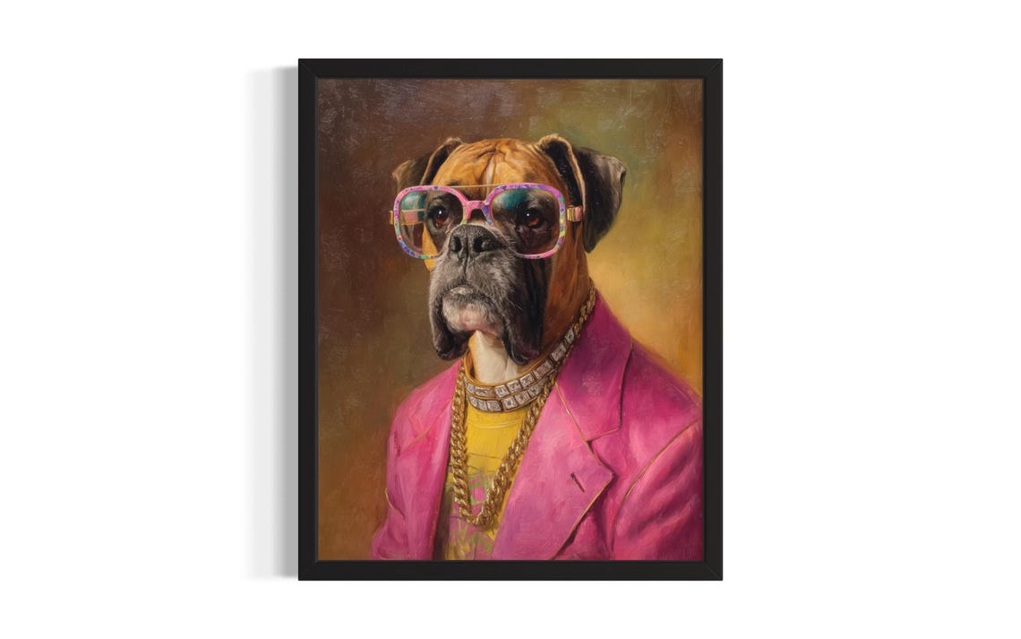 Boxer Dog Hip Hop Portrait Pink Glasses Blazer Gold Chains Poster