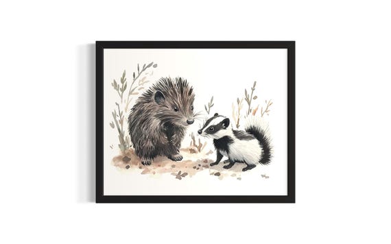 Porcupine And Skunk Animal In Harmony Forest Wildlife Poster Art Print Living Room Wall Original Painting Artwork Decor