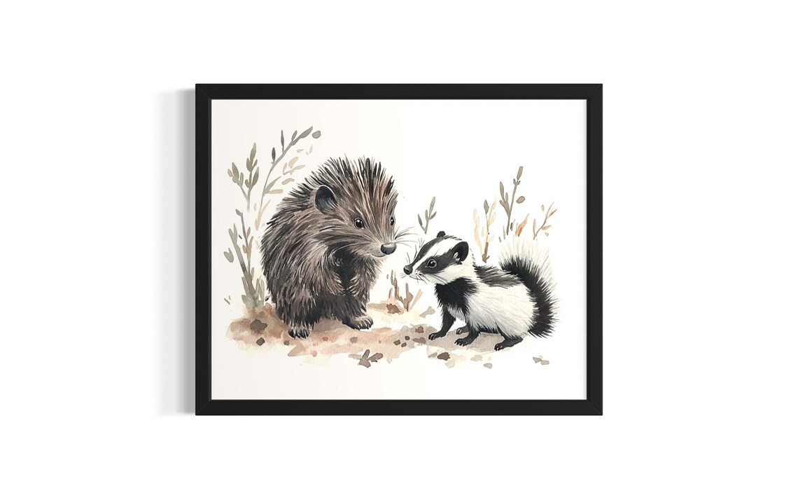 Sweet Porcupine and Skunk Meeting in the Wild Watercolor Poster