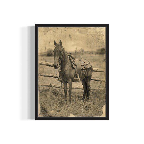 Saddled Horse at Wooden Fence Vintage Sepia Western Cowboy Photo Poster