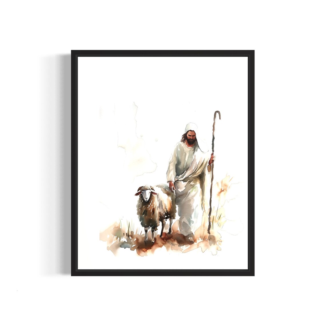 Peaceful Jesus the Good Shepherd Among Sheep Watercolor Poster