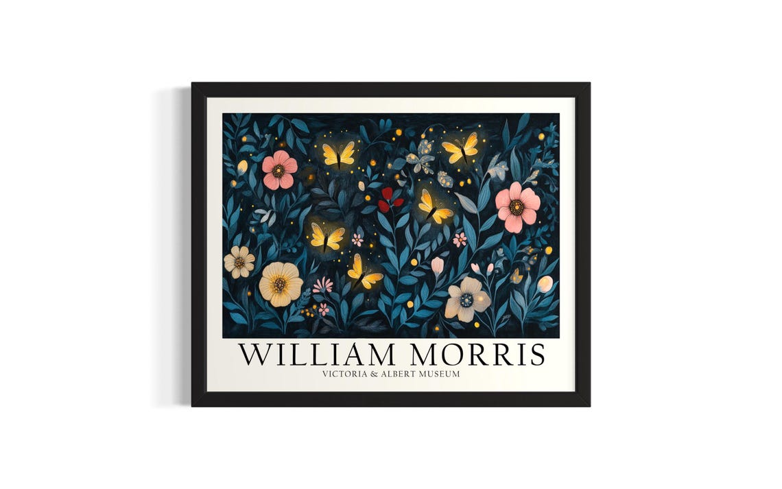 Glowing Fireflies in a Night Flower Garden William Morris Art Poster