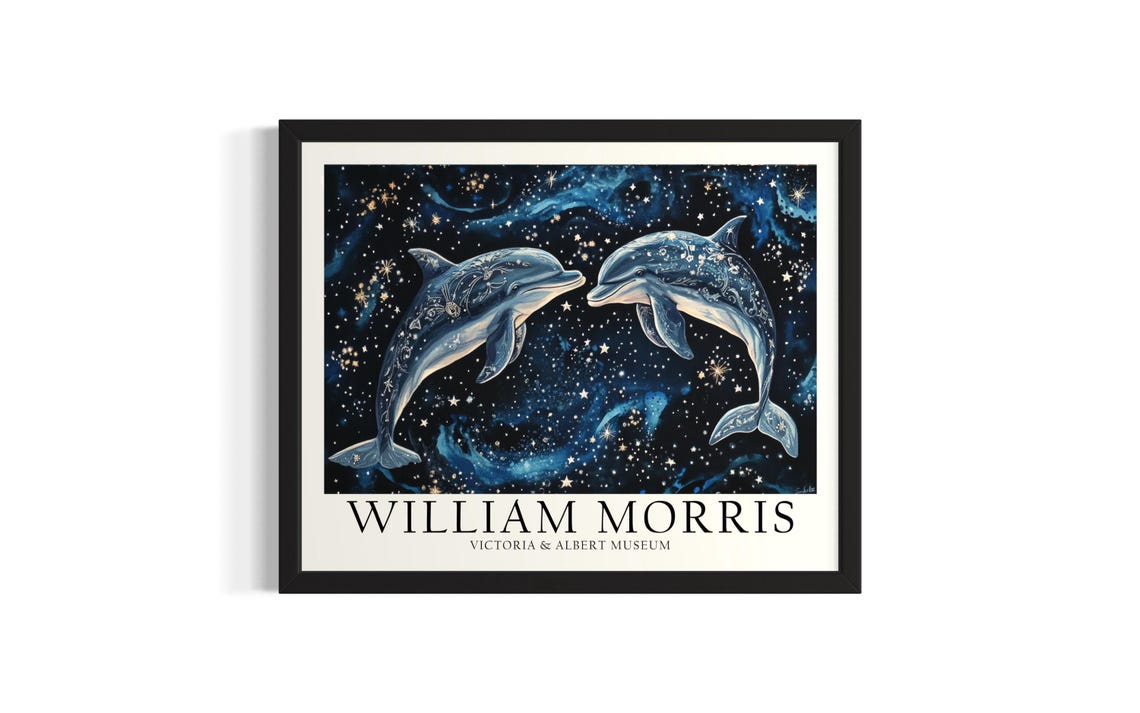 Two Dolphins Swimming in a Starry Night Sea William Morris Art Poster