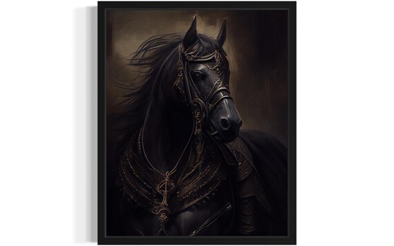 Majestic Black Warhorse In Ornate Armor Dark Oil Painting Poster