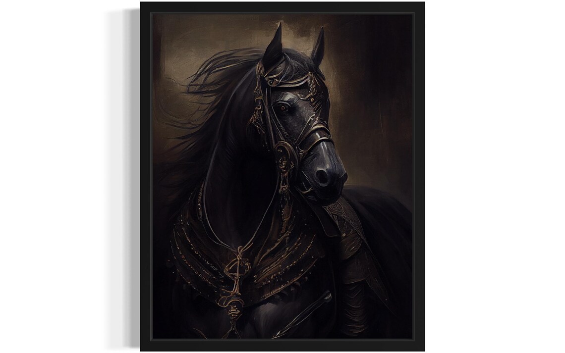 Majestic Black Warhorse In Ornate Armor Dark Oil Painting Poster