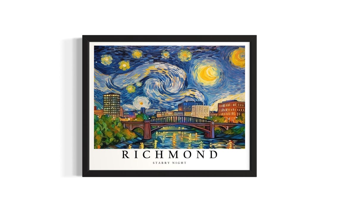 Richmond Virginia Starry Night Skyline Bridge Swirling Sky Poster