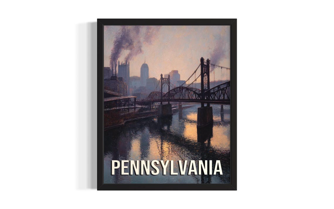 Pennsylvania Industrial City Steel Bridge River Dusk Skyline Poster