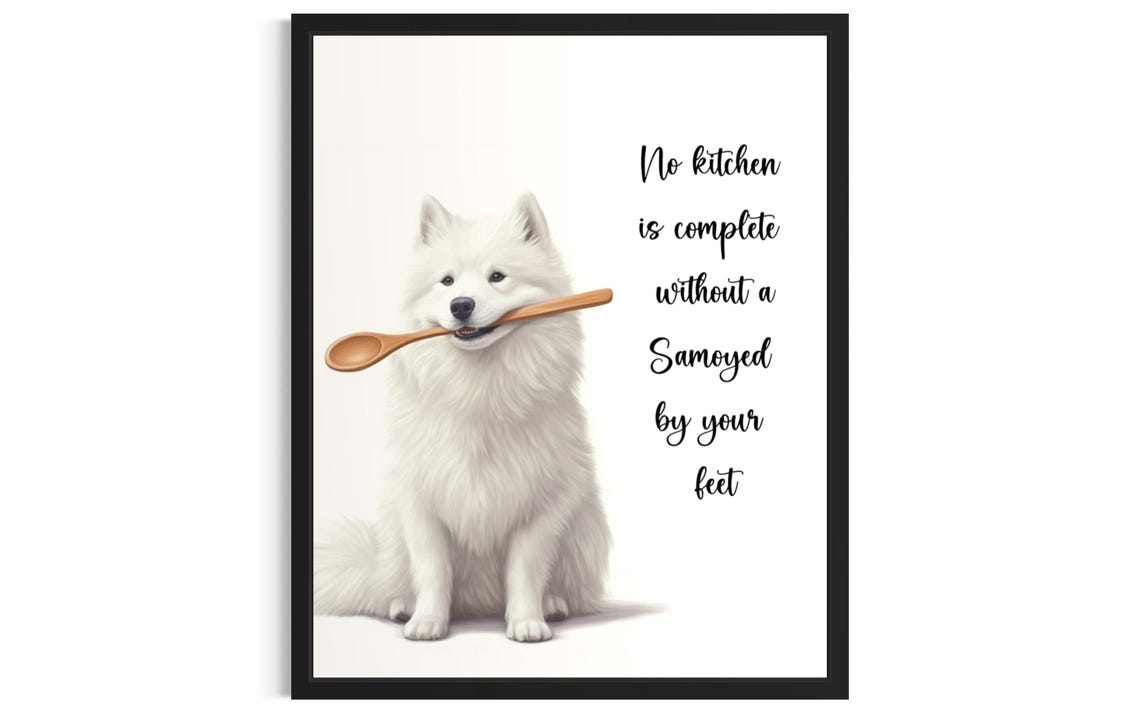 Watercolor Samoyed Dog Holding Wooden Spoon Kitchen Quote Poster