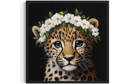Baby Cheetah Flower Crown Portrait on Black Background Poster