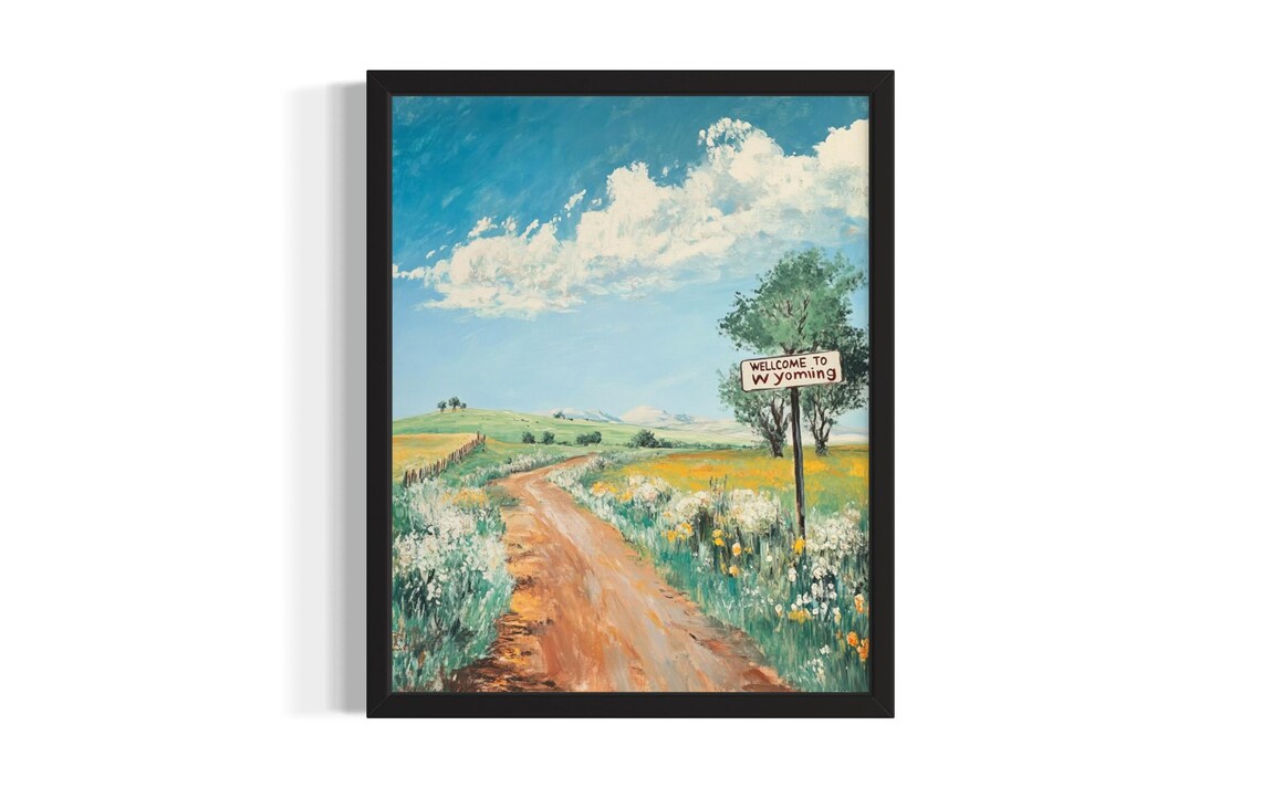 Welcome to Wyoming Painted Country Road Sign Landscape Art Poster