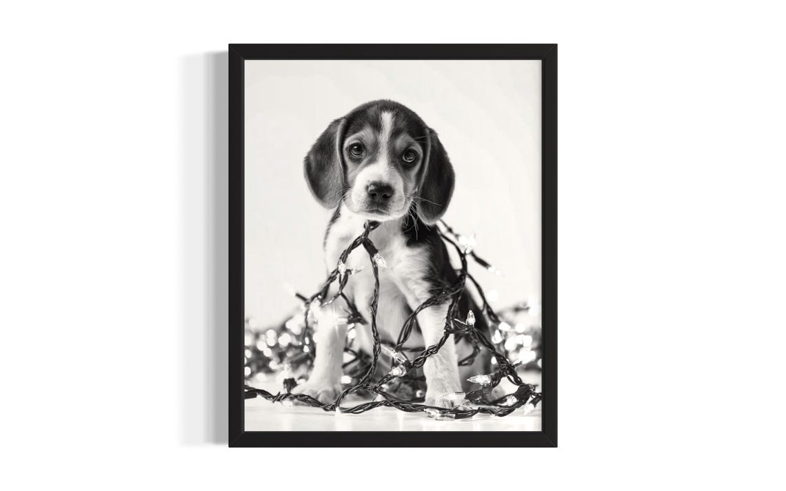 Gentle Beagle Puppy Tangled In Twinkling Christmas Lights Poster