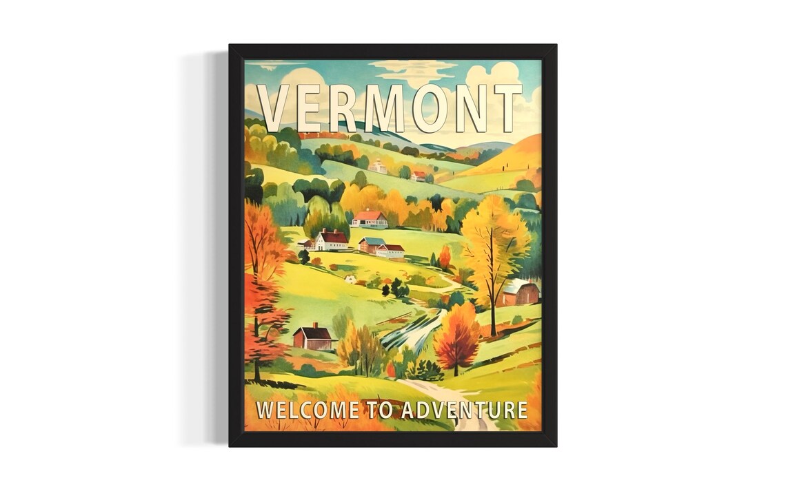 Vermont Welcome to Adventure Autumn Valley Farms Vintage Travel Poster