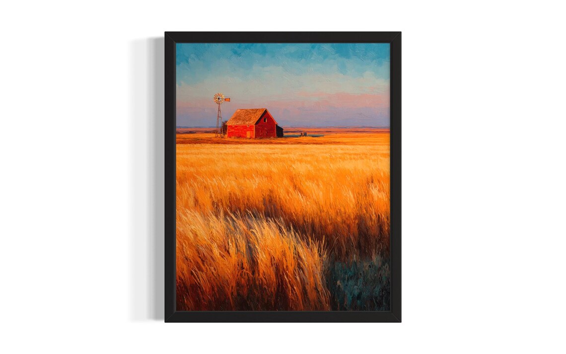 Red Barn Windmill Sunset Oil Painting Style Farmhouse Poster For Home