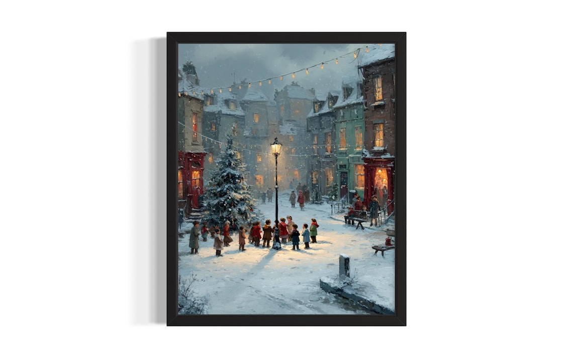 Christmas Carolers Snowy Village Square Evening Lantern Scene Poster