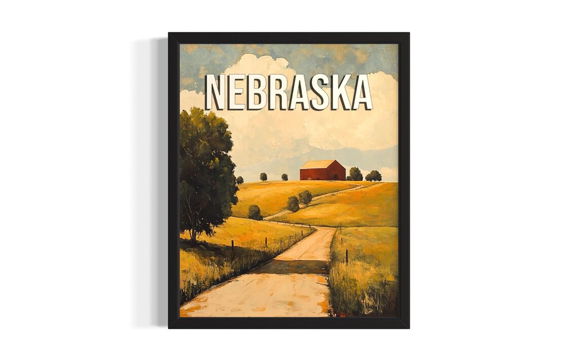 Nebraska Red Barn Vintage Travel Poster On Golden Hill Country Road