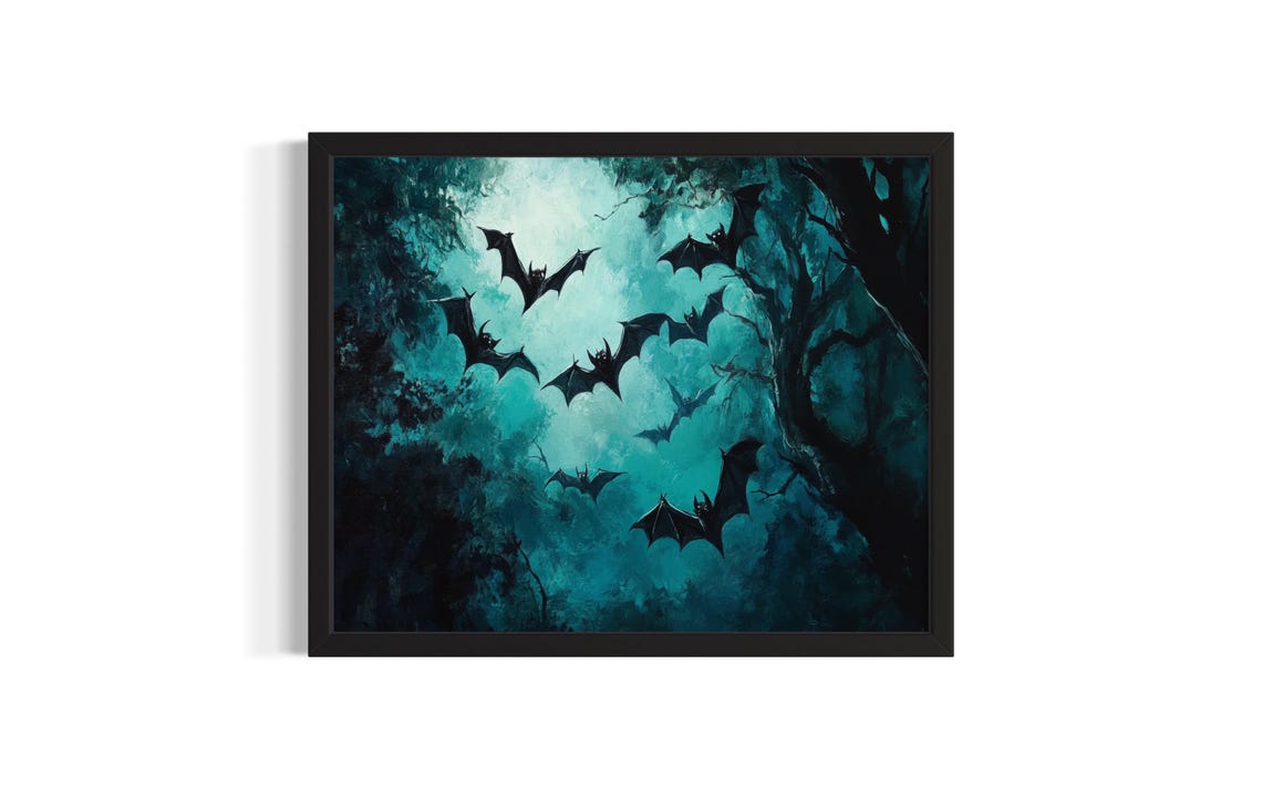 Bats Flying Through a Teal Moonlit Forest Night Sky Art Poster