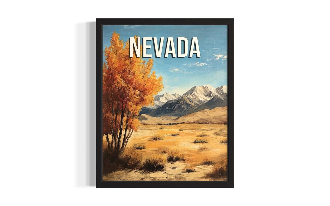 Nevada Autumn Aspen Trees Vintage Travel Poster Snowy Mountain View