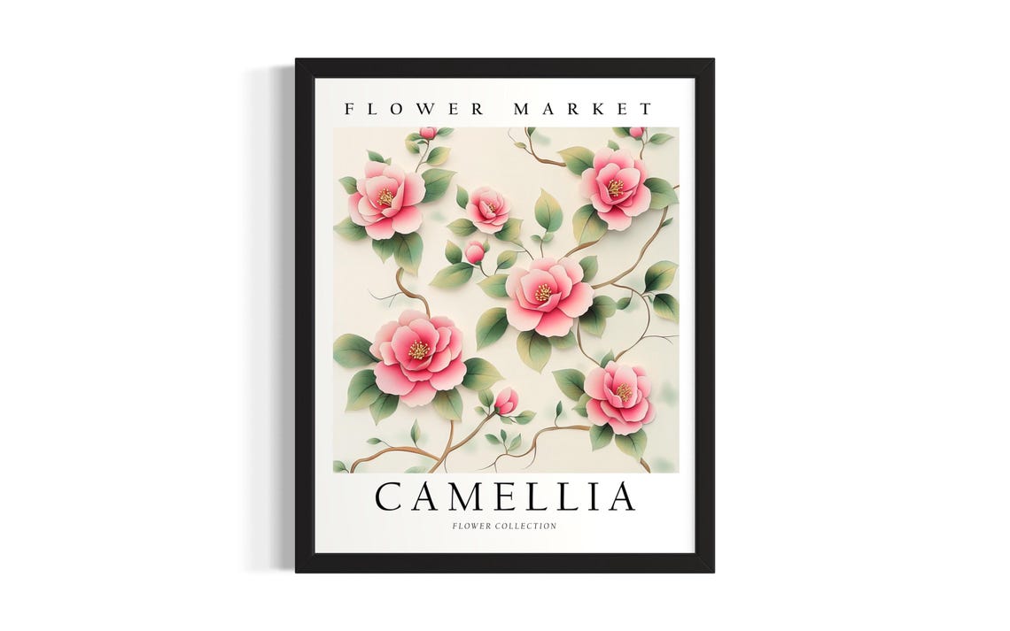 Pink Camellia Flower Market Collection 3D Paper Botanical Poster
