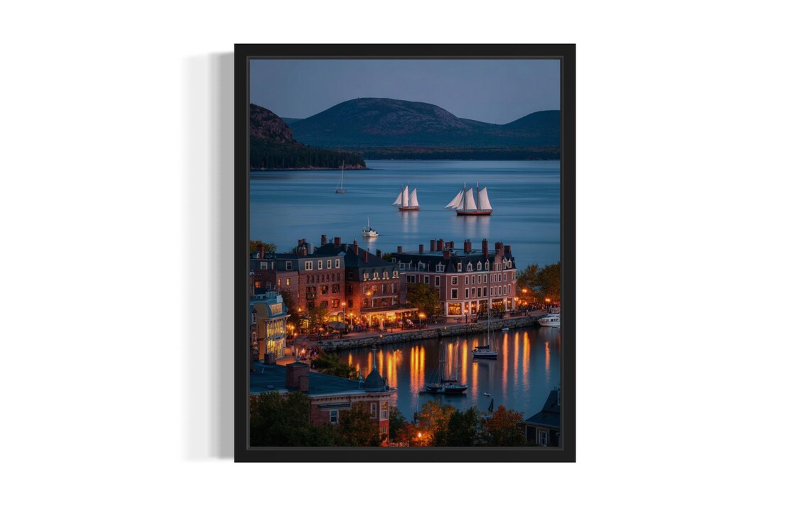 Night Harbor with Tall Ships Glowing Waterfront Buildings Wall Art
