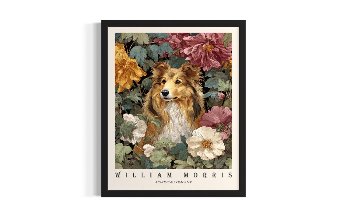 Shetland Sheepdog William Morris Peony Floral Dog Portrait Poster