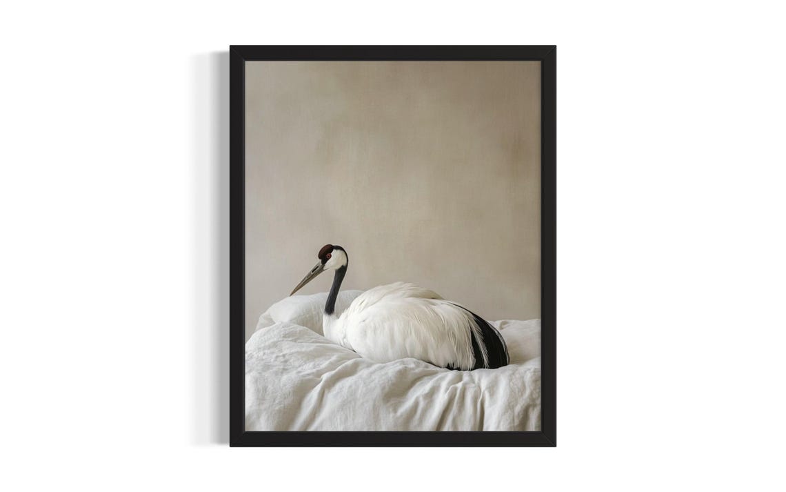 Red Crowned Crane Resting on White Duvet Zen Bird Vintage Poster