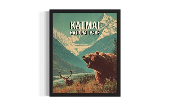 Katmai National Park Brown Bear and Elk Beneath Glaciers Vintage Poster