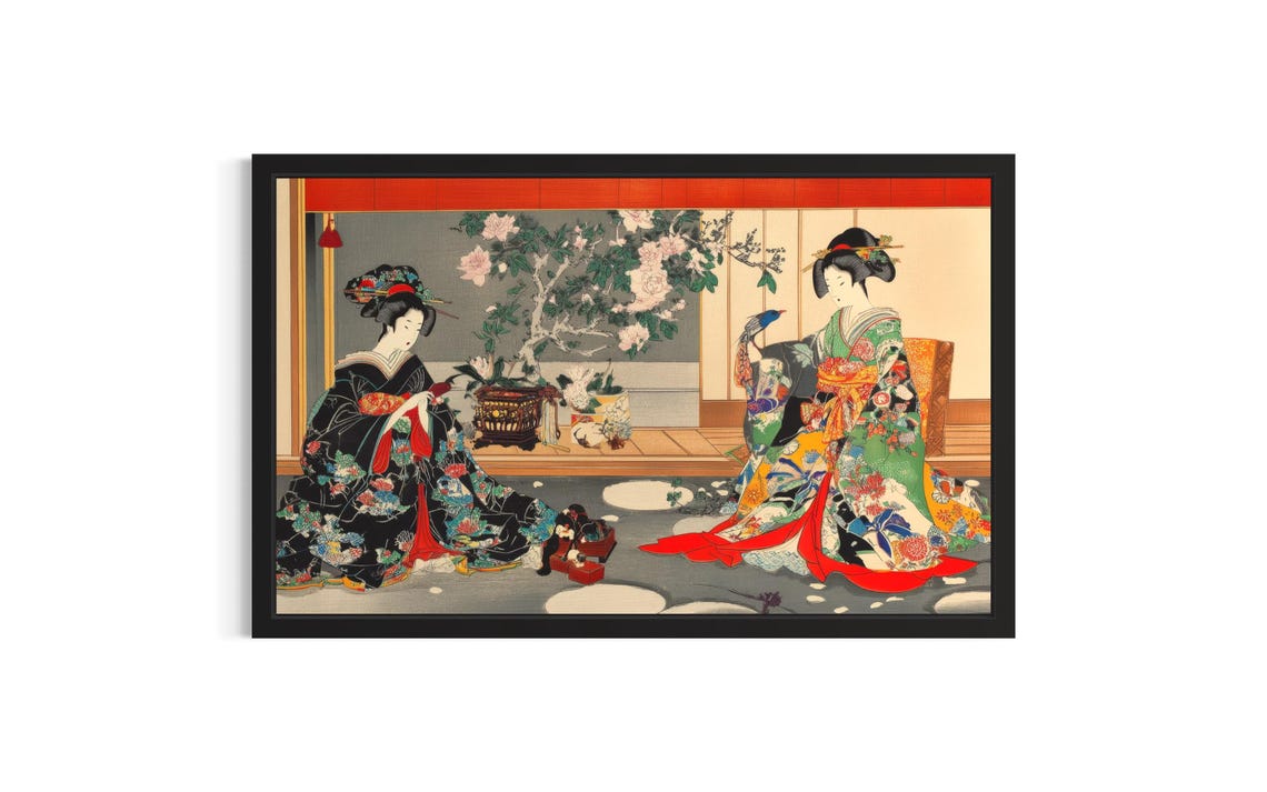 Two Geisha in Kimono Japanese Bijin-ga Woodblock Style Art Poster
