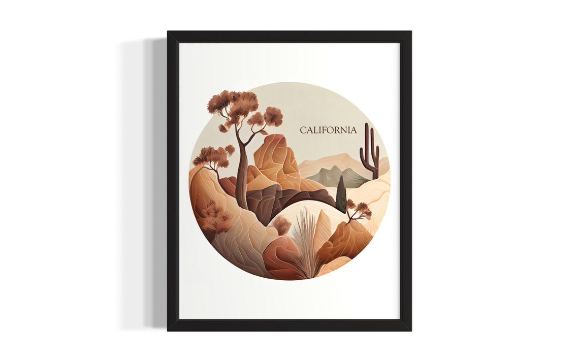 California Desert Circle Art Cactus Rocks Terracotta Minimal Poster