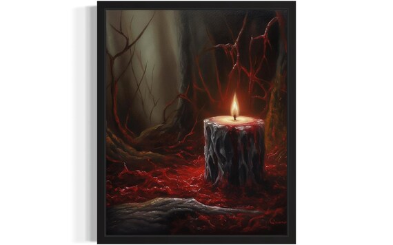 Blood Red Candle Burning In Dark Forest Shadows Gothic Poster
