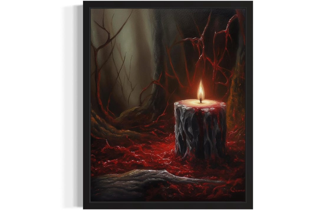 Blood Red Candle Burning In Dark Forest Shadows Gothic Poster