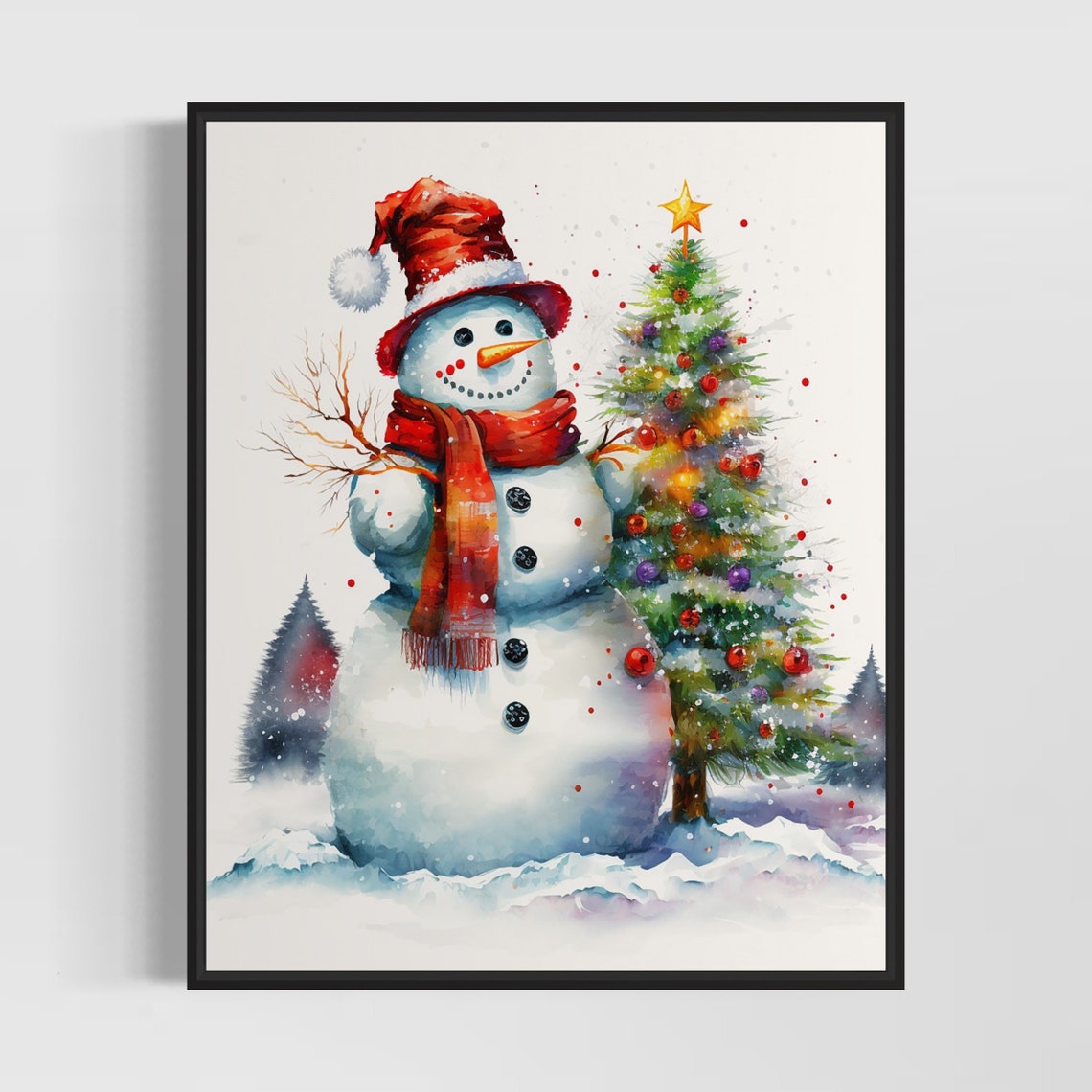 Smiling Snowman Beside Glowing Christmas Tree Winter Scene Poster