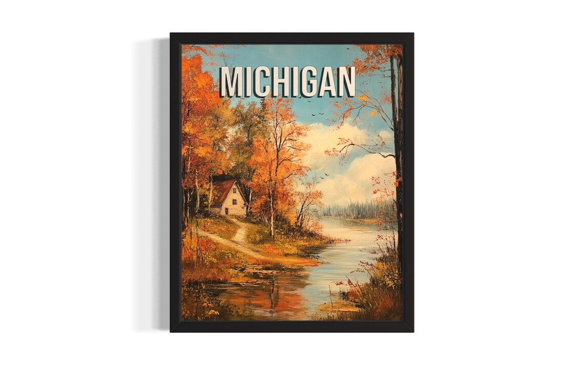 Michigan Autumn Lakeside Cabin Orange Trees Fall Foliage Style Poster