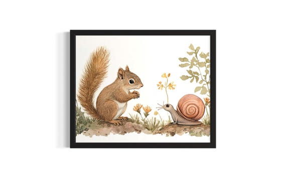 Squirrel And Snail Animal In Harmony Forest Wildlife Poster Art Print Living Room Wall Original Painting Artwork Decor