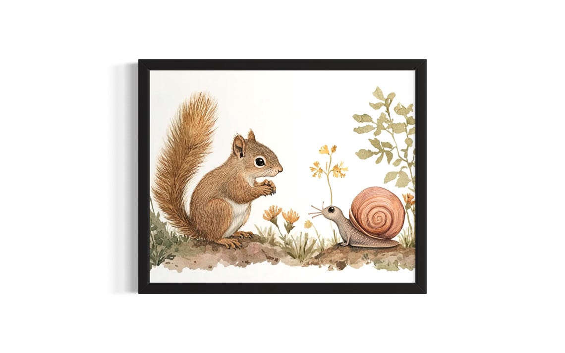 Curious Squirrel and Snail with Wildflowers Watercolor Poster