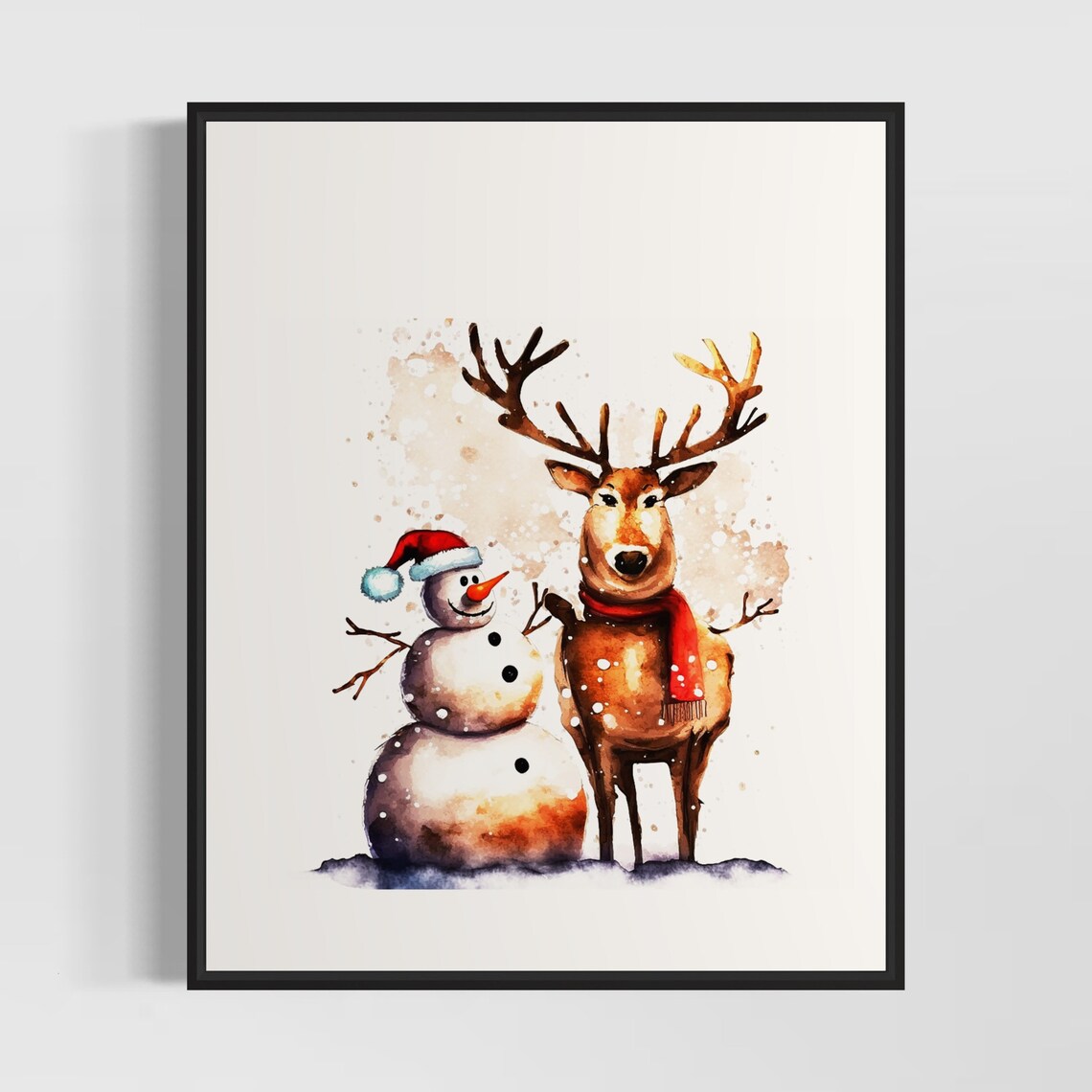 Reindeer And Snowman Friends In Watercolor Christmas Art Poster