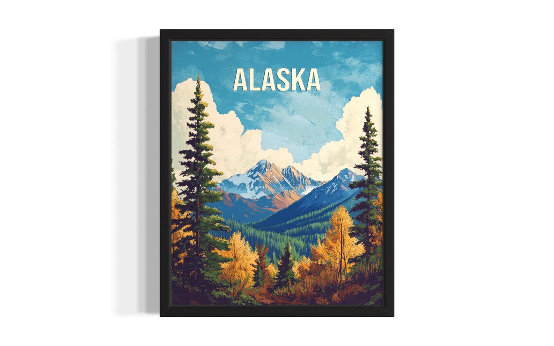 Alaska Autumn Forest Peak Lake Vintage Travel Illustration Poster