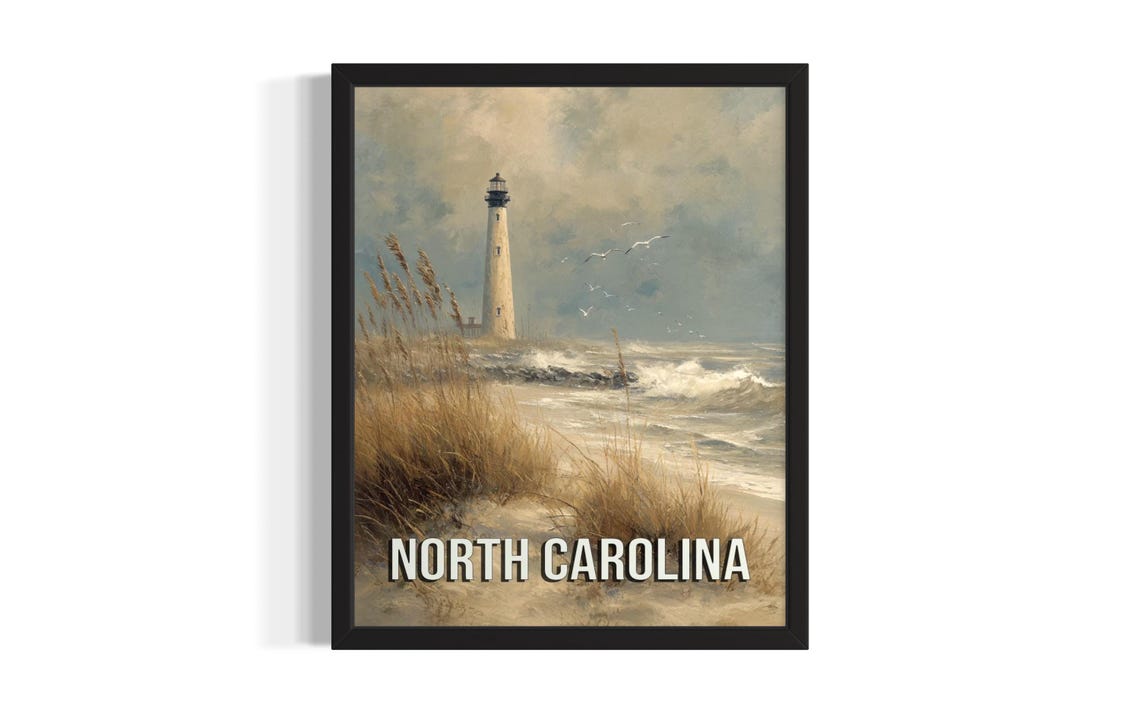 North Carolina Lighthouse Beach Seagulls Moody Coastal Poster