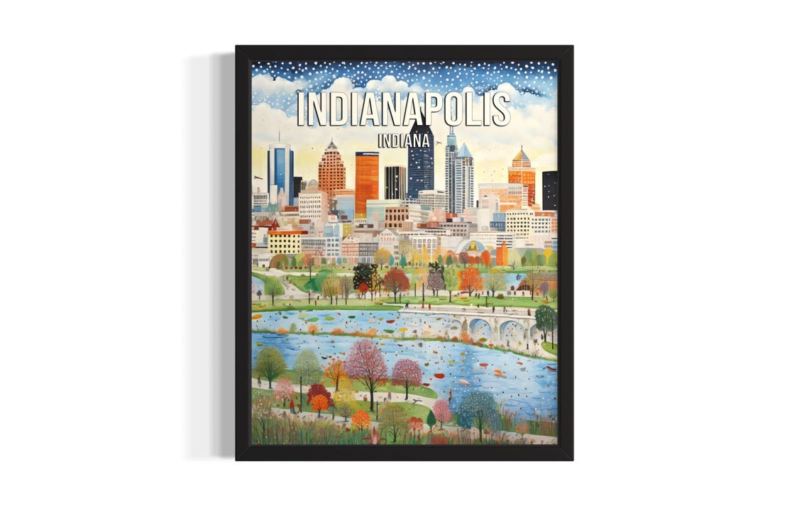 Indianapolis Winter Skyline Snowfall River Park Festive Poster