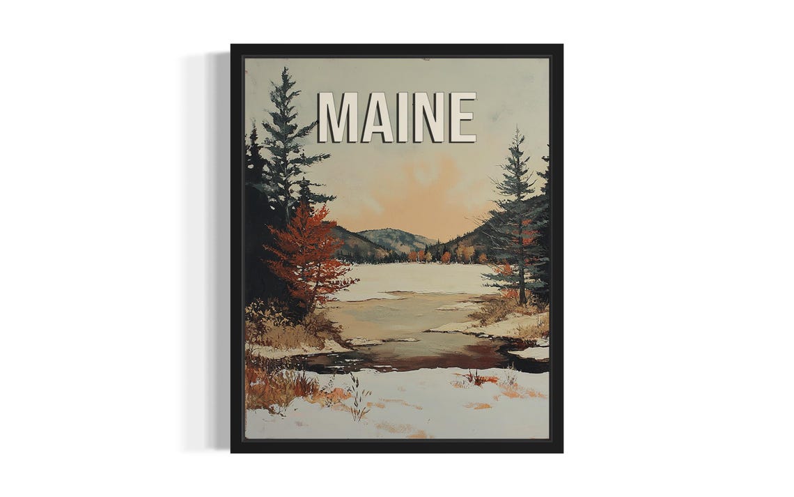 Maine Snowy Lake Pine Forest Winter Scenic Vintage Style Travel Poster