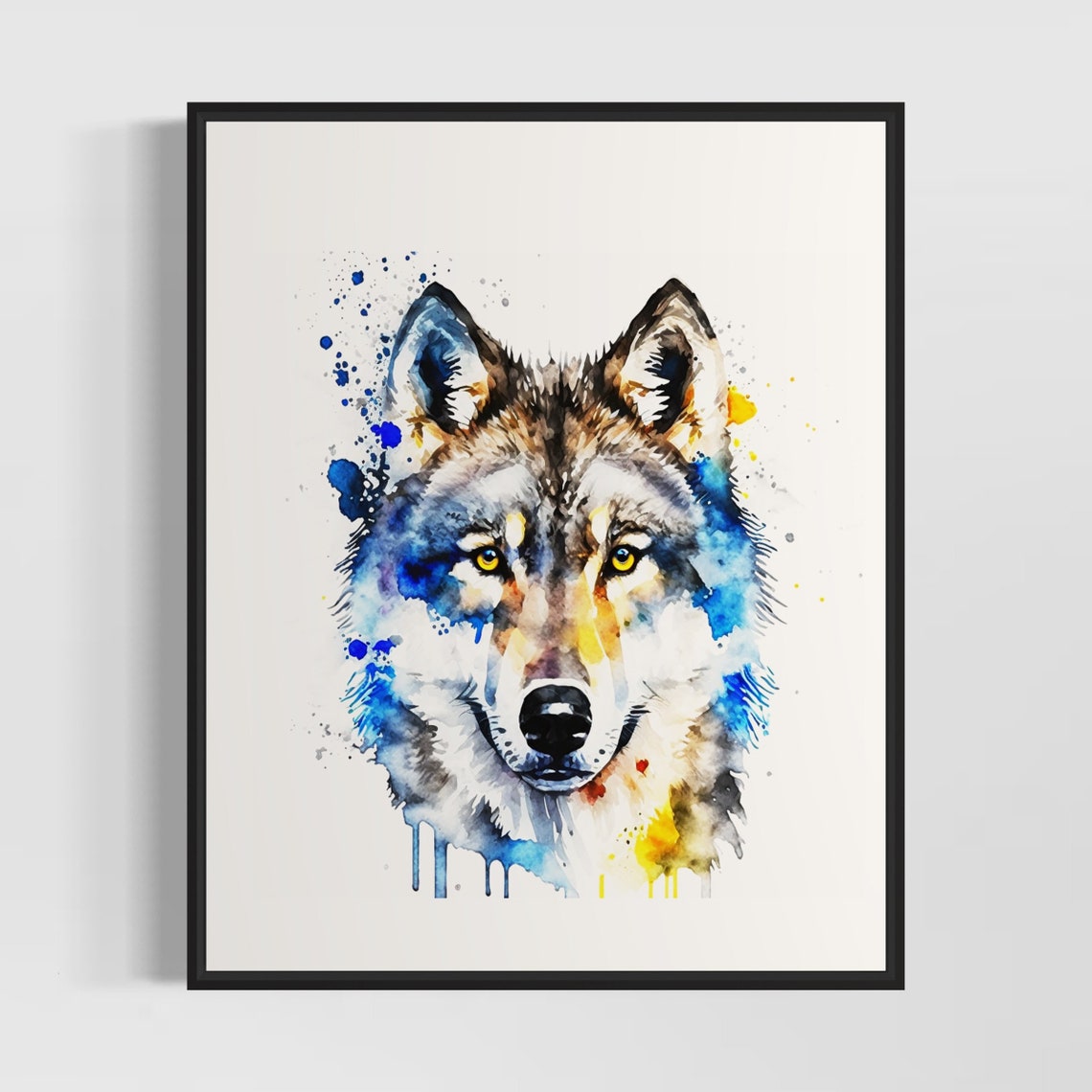 Watercolor Wolf Portrait Blue Yellow Splashes Wildlife Art Poster