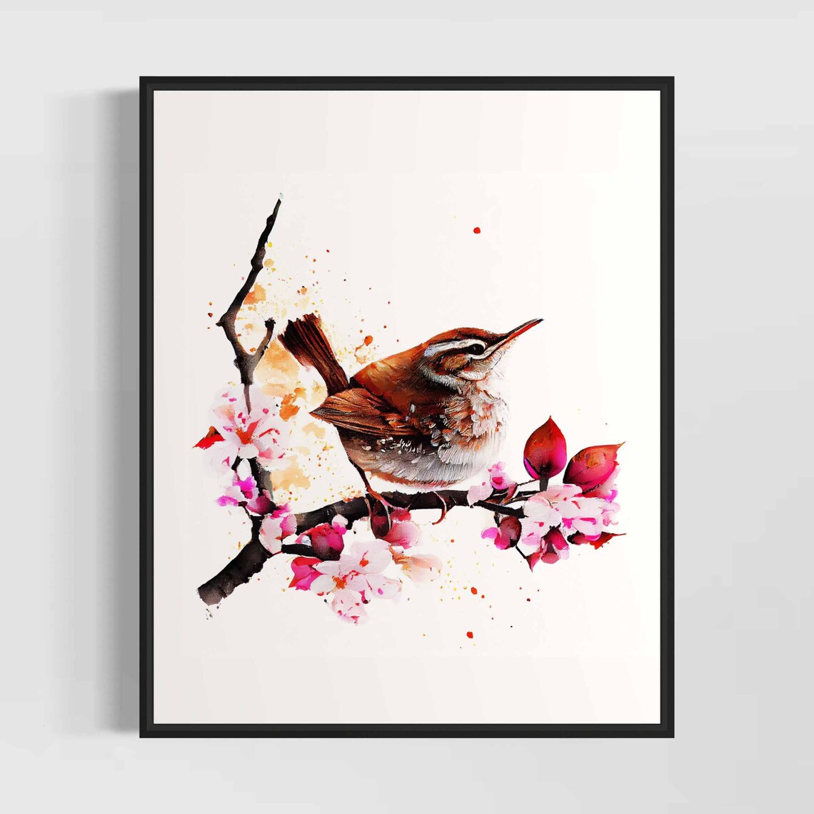 Wren Bird Singing On Pink Blossom Branch Watercolor Bird Poster