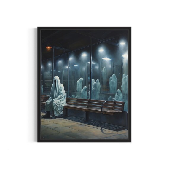 Ghosts Waiting on a Night Bench Surreal Spooky Reflections Poster