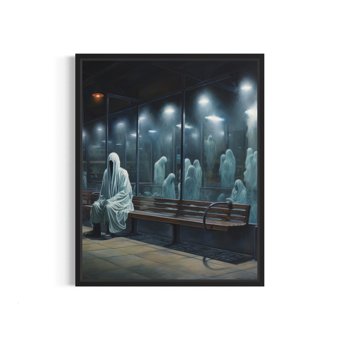 Ghosts Waiting on a Night Bench Surreal Spooky Reflections Poster