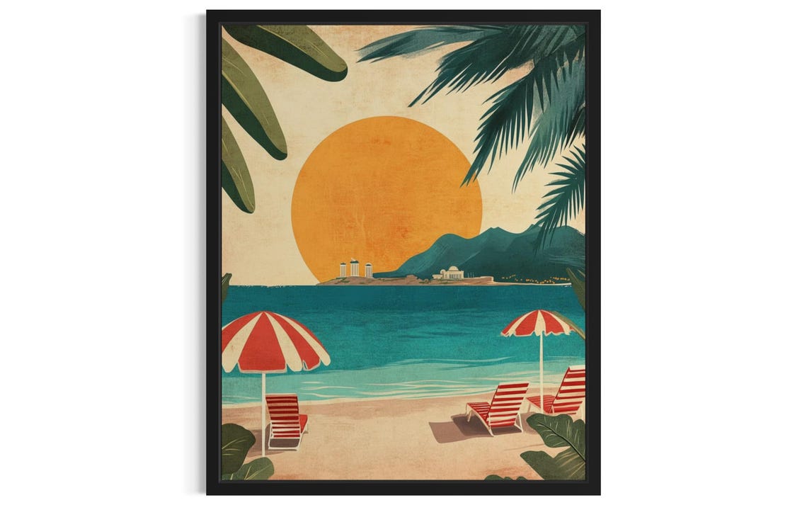 Striped Beach Umbrellas Big Orange Sun Vintage Travel Poster