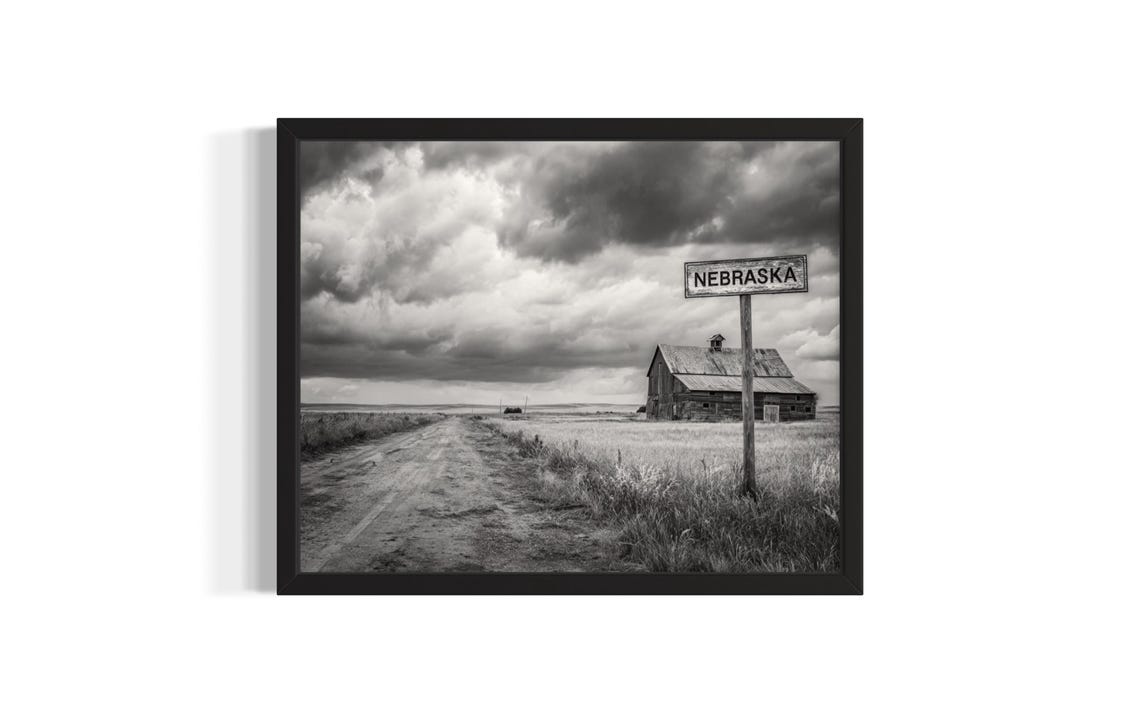 Nebraska Road Sign Black And White Photo Old Barn Stormy Sky Poster