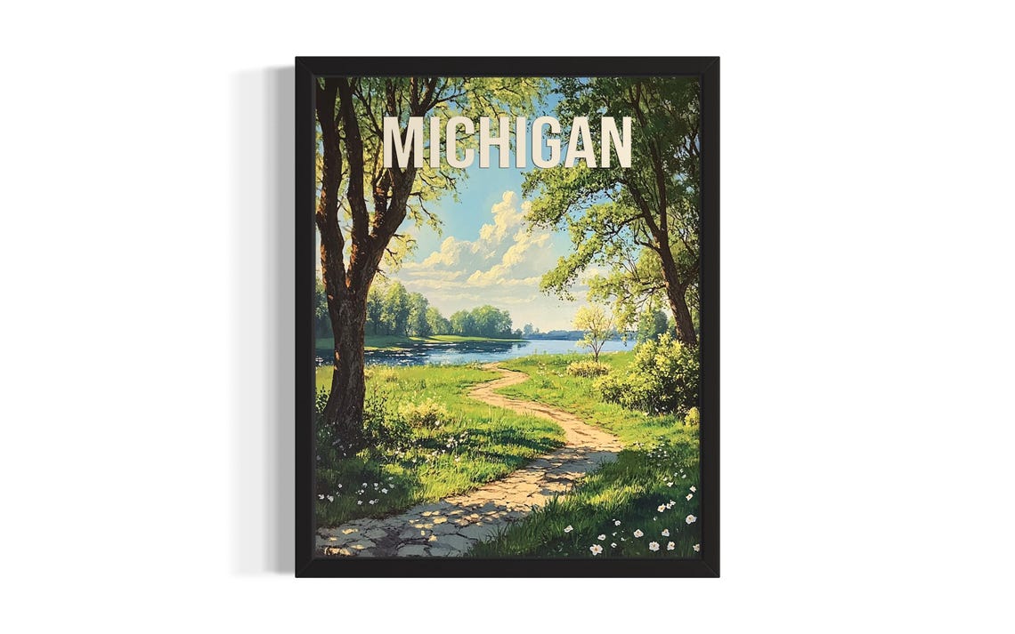 Michigan Spring Meadow Path River Sunlit Nature Travel Poster